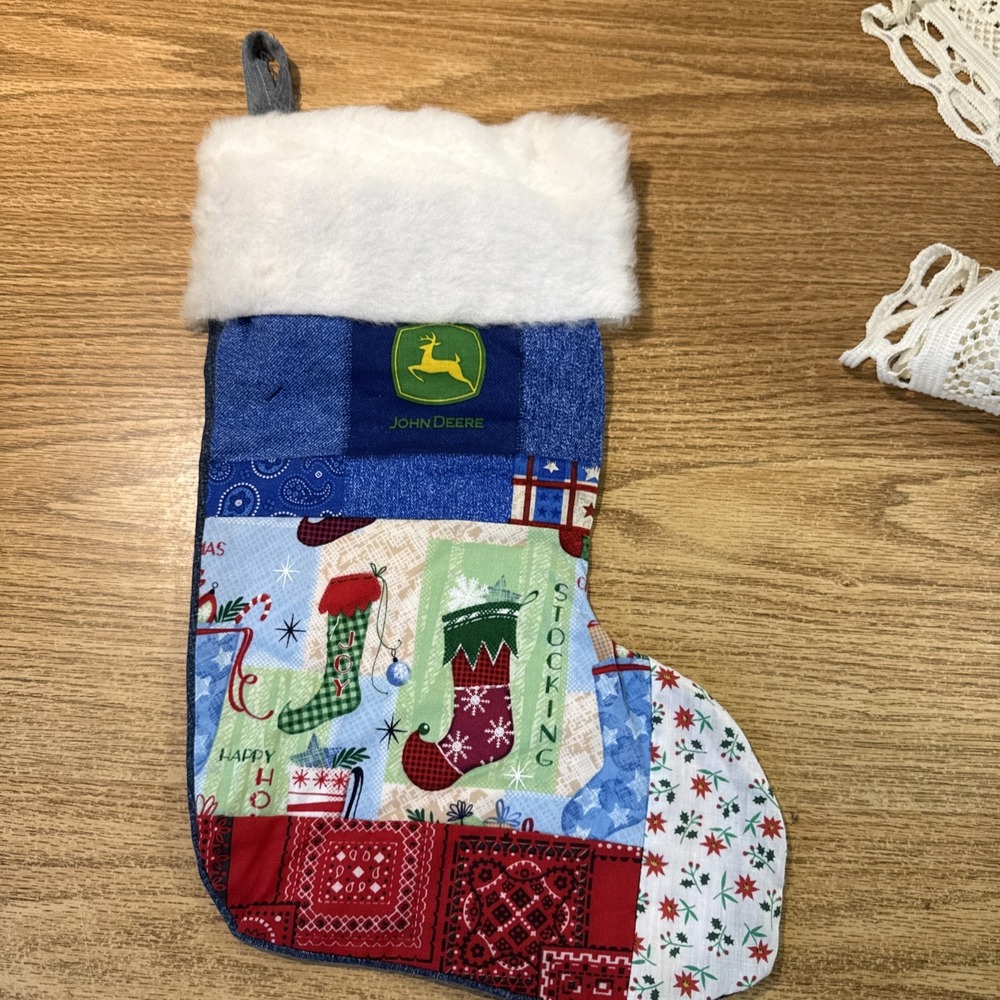 handmade, patchwork-style Christmas holiday stocking -John Deere Logo